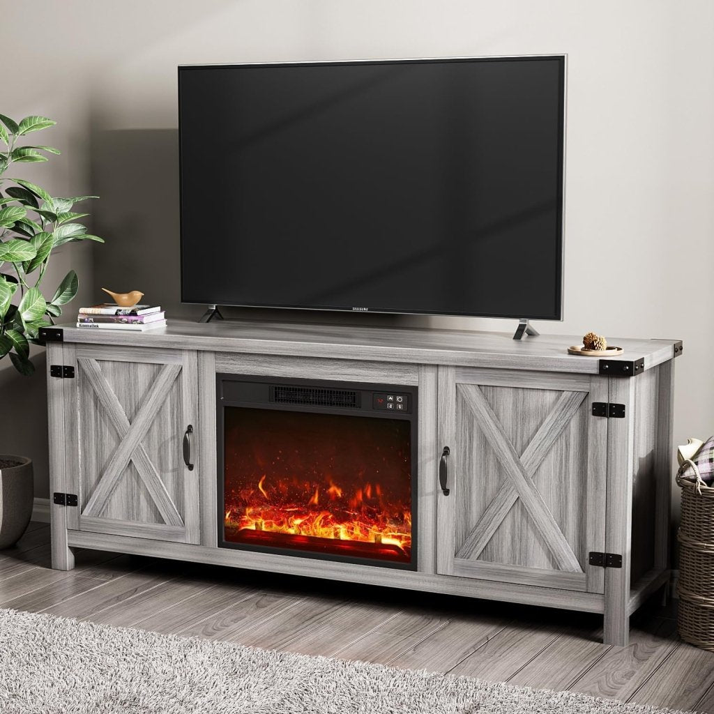 YESHOMY Fireplace TV Stand with Two Barn Doors and Storage Cabinets for Televisions up to 65+ Inch, Entertainment Center Console Table, Media Furniture for Living Room, 58 Inch - Wigtrends