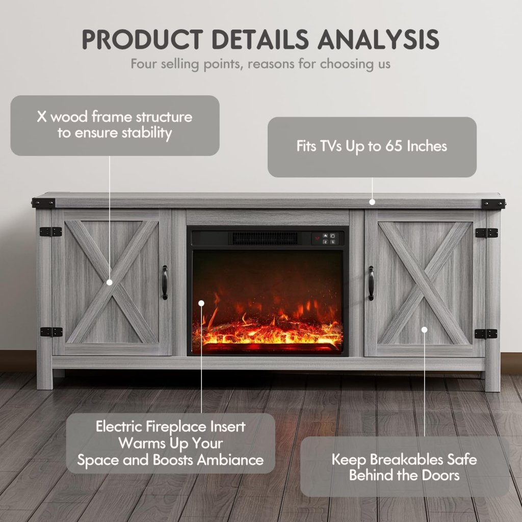 YESHOMY Fireplace TV Stand with Two Barn Doors and Storage Cabinets for Televisions up to 65+ Inch, Entertainment Center Console Table, Media Furniture for Living Room, 58 Inch - Wigtrends