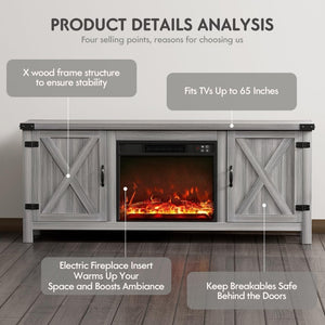 YESHOMY Fireplace TV Stand with Two Barn Doors and Storage Cabinets for Televisions up to 65+ Inch, Entertainment Center Console Table, Media Furniture for Living Room, 58 Inch - Wigtrends