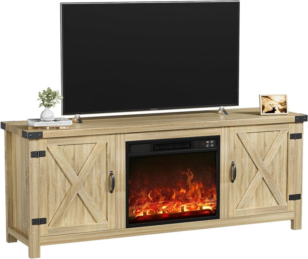 YESHOMY Fireplace TV Stand with Two Barn Doors and Storage Cabinets for Televisions up to 65+ Inch, Entertainment Center Console Table, Media Furniture for Living Room, 58 Inch - Wigtrends