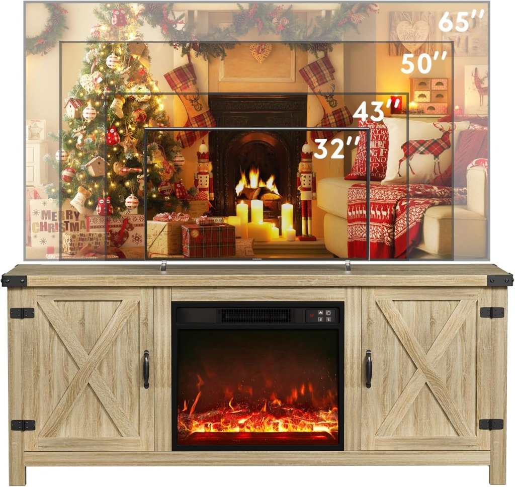 YESHOMY Fireplace TV Stand with Two Barn Doors and Storage Cabinets for Televisions up to 65+ Inch, Entertainment Center Console Table, Media Furniture for Living Room, 58 Inch - Wigtrends