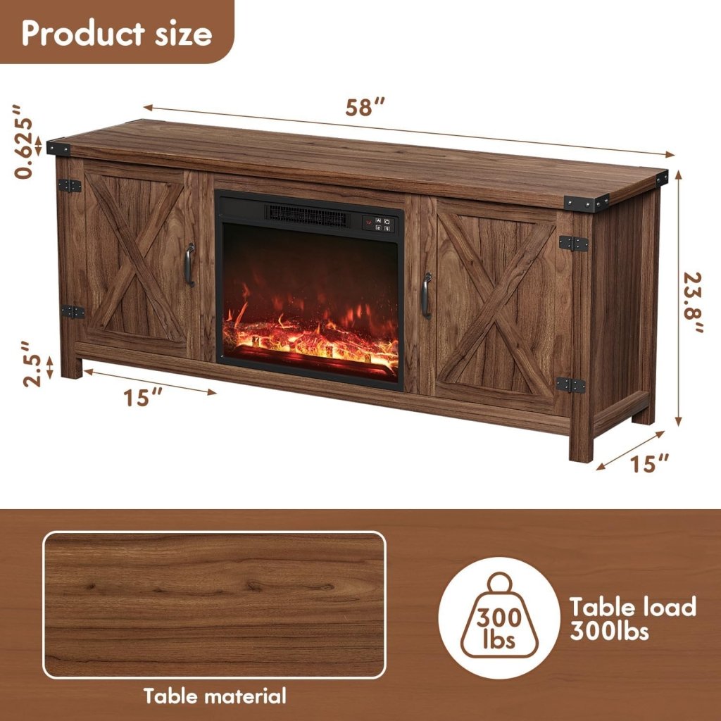 YESHOMY Fireplace TV Stand with Two Barn Doors and Storage Cabinets for Televisions up to 65+ Inch, Entertainment Center Console Table, Media Furniture for Living Room, 58 Inch - Wigtrends