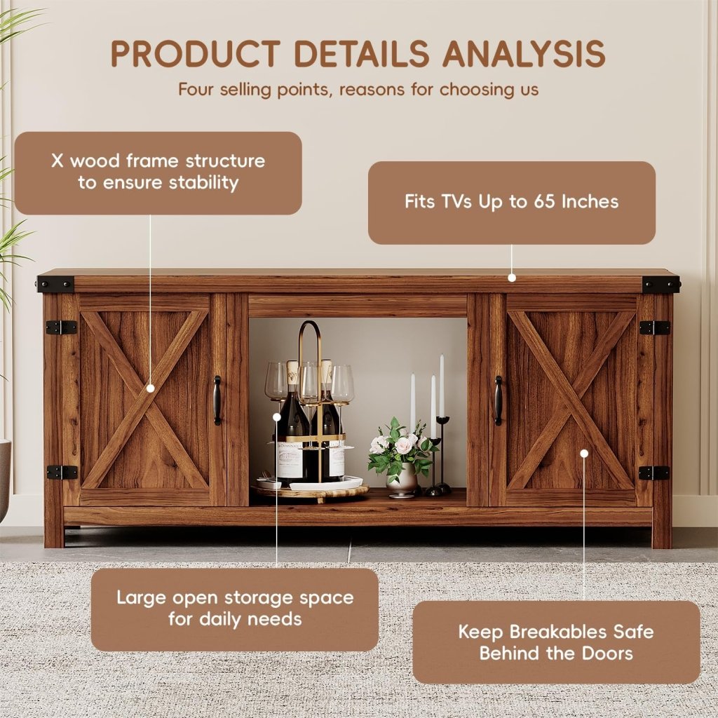 YESHOMY Fireplace TV Stand with Two Barn Doors and Storage Cabinets for Televisions up to 65+ Inch, Entertainment Center Console Table, Media Furniture for Living Room, 58 Inch - Wigtrends