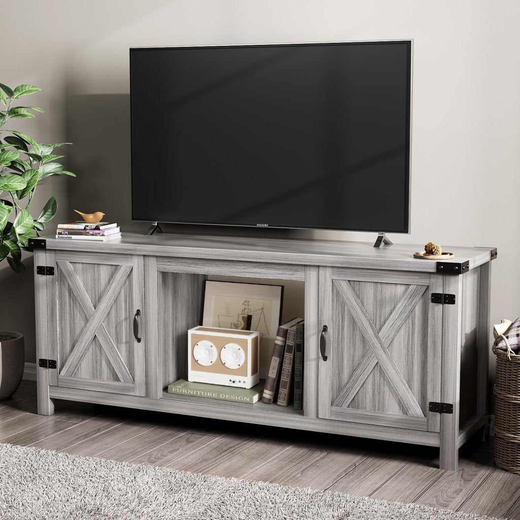 YESHOMY Fireplace TV Stand with Two Barn Doors and Storage Cabinets for Televisions up to 65+ Inch, Entertainment Center Console Table, Media Furniture for Living Room, 58 Inch - Wigtrends