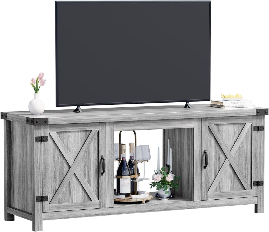 YESHOMY Fireplace TV Stand with Two Barn Doors and Storage Cabinets for Televisions up to 65+ Inch, Entertainment Center Console Table, Media Furniture for Living Room, 58 Inch - Wigtrends