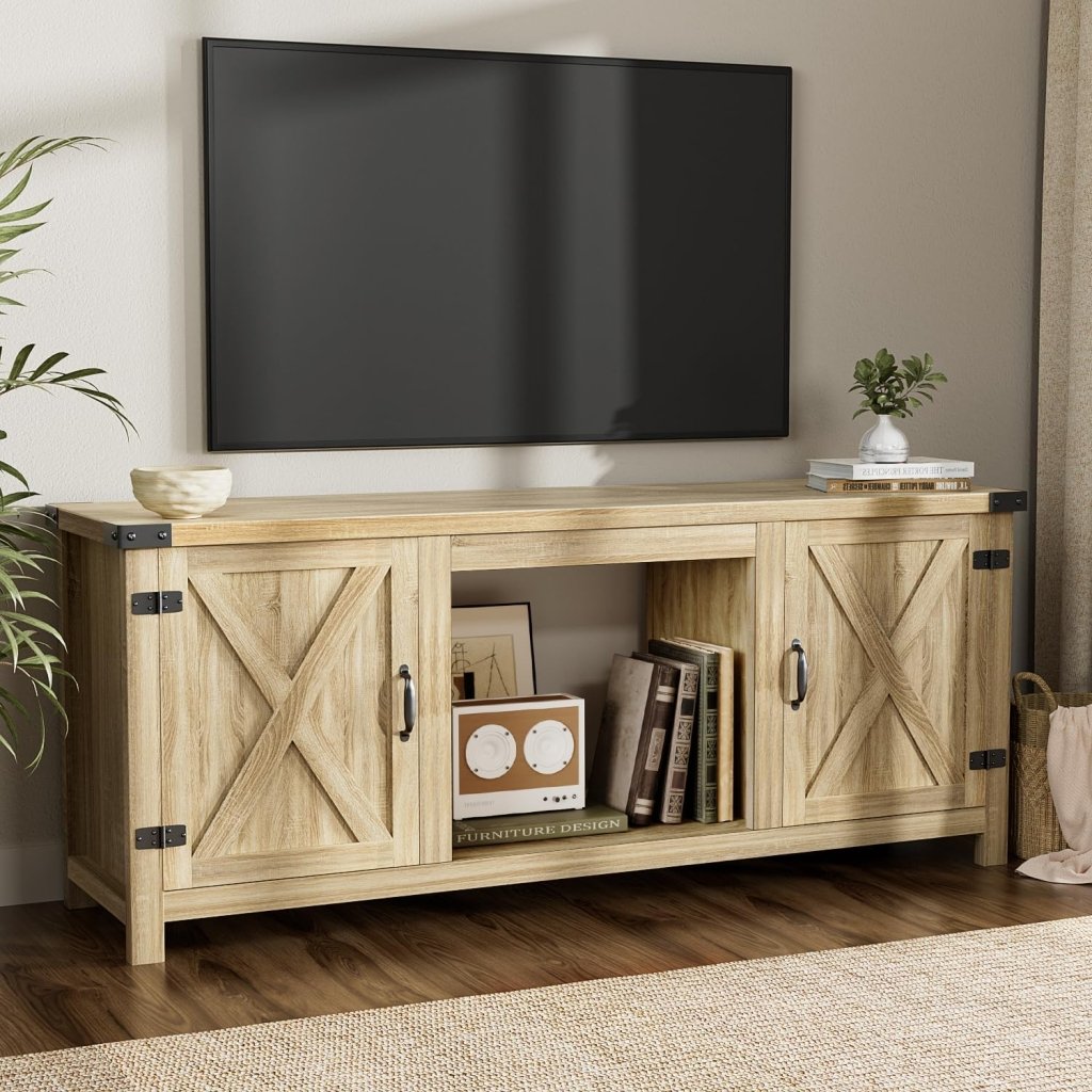 YESHOMY Fireplace TV Stand with Two Barn Doors and Storage Cabinets for Televisions up to 65+ Inch, Entertainment Center Console Table, Media Furniture for Living Room, 58 Inch - Wigtrends