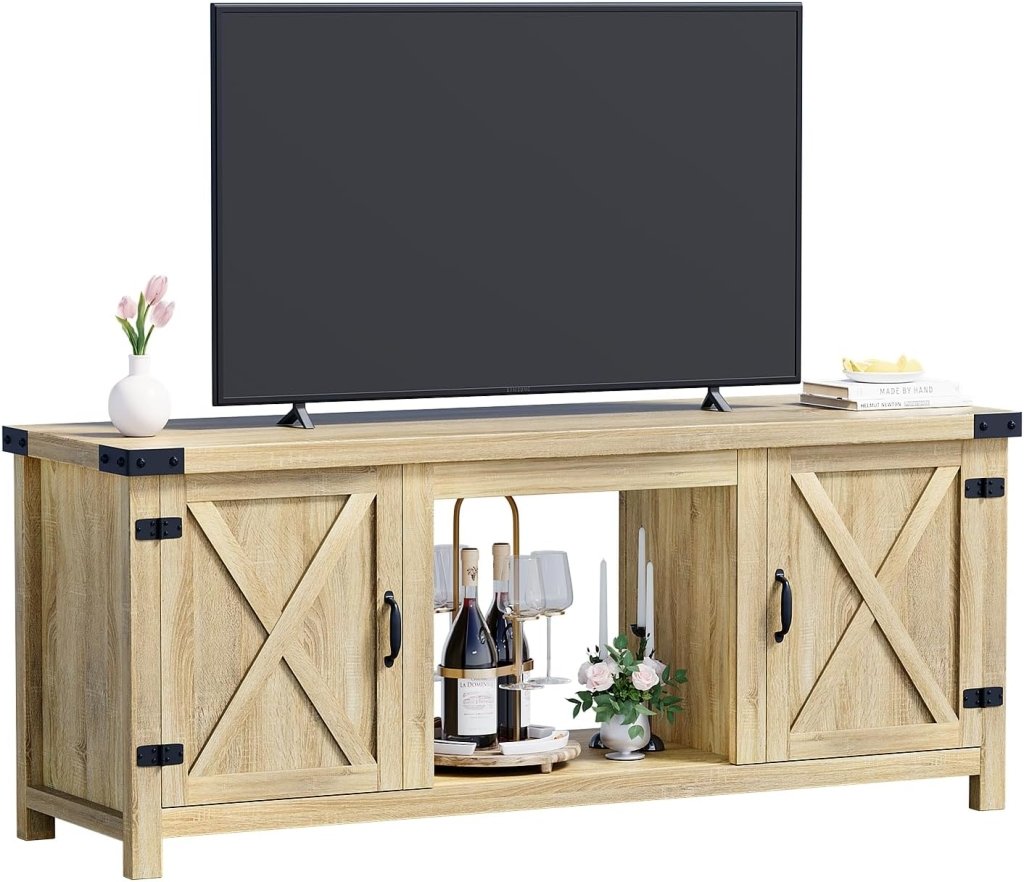 YESHOMY Fireplace TV Stand with Two Barn Doors and Storage Cabinets for Televisions up to 65+ Inch, Entertainment Center Console Table, Media Furniture for Living Room, 58 Inch - Wigtrends