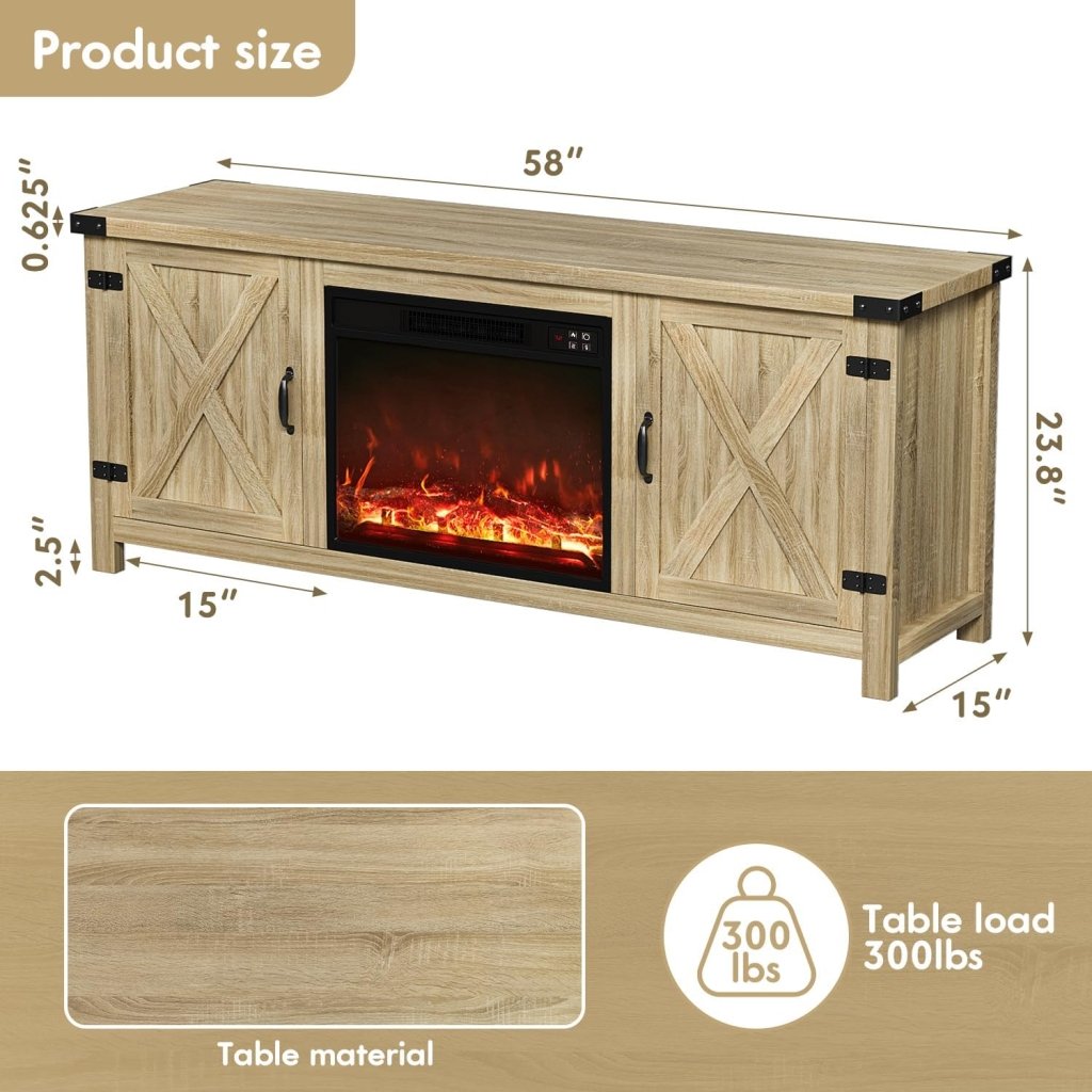 YESHOMY Fireplace TV Stand with Two Barn Doors and Storage Cabinets for Televisions up to 65+ Inch, Entertainment Center Console Table, Media Furniture for Living Room, 58 Inch - Wigtrends