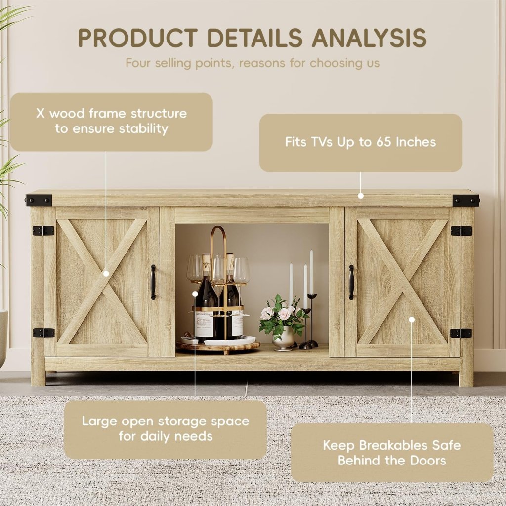 YESHOMY Fireplace TV Stand with Two Barn Doors and Storage Cabinets for Televisions up to 65+ Inch, Entertainment Center Console Table, Media Furniture for Living Room, 58 Inch - Wigtrends