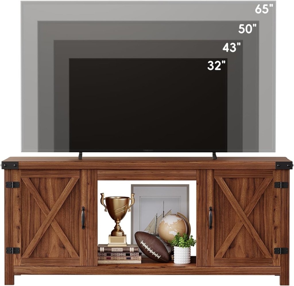 YESHOMY Fireplace TV Stand with Two Barn Doors and Storage Cabinets for Televisions up to 65+ Inch, Entertainment Center Console Table, Media Furniture for Living Room, 58 Inch - Wigtrends