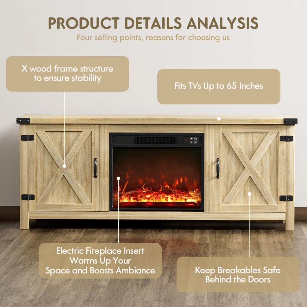 YESHOMY Fireplace TV Stand with Two Barn Doors and Storage Cabinets for Televisions up to 65+ Inch, Entertainment Center Console Table, Media Furniture for Living Room, 58 Inch - Wigtrends