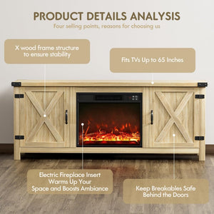 YESHOMY Fireplace TV Stand with Two Barn Doors and Storage Cabinets for Televisions up to 65+ Inch, Entertainment Center Console Table, Media Furniture for Living Room, 58 Inch - Wigtrends