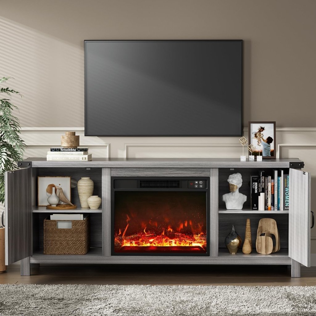 YESHOMY Fireplace TV Stand with Two Barn Doors and Storage Cabinets for Televisions up to 65+ Inch, Entertainment Center Console Table, Media Furniture for Living Room, 58 Inch - Wigtrends