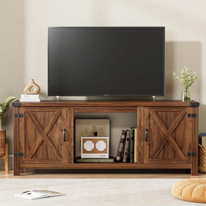 YESHOMY Fireplace TV Stand with Two Barn Doors and Storage Cabinets for Televisions up to 65+ Inch, Entertainment Center Console Table, Media Furniture for Living Room, 58 Inch - Wigtrends