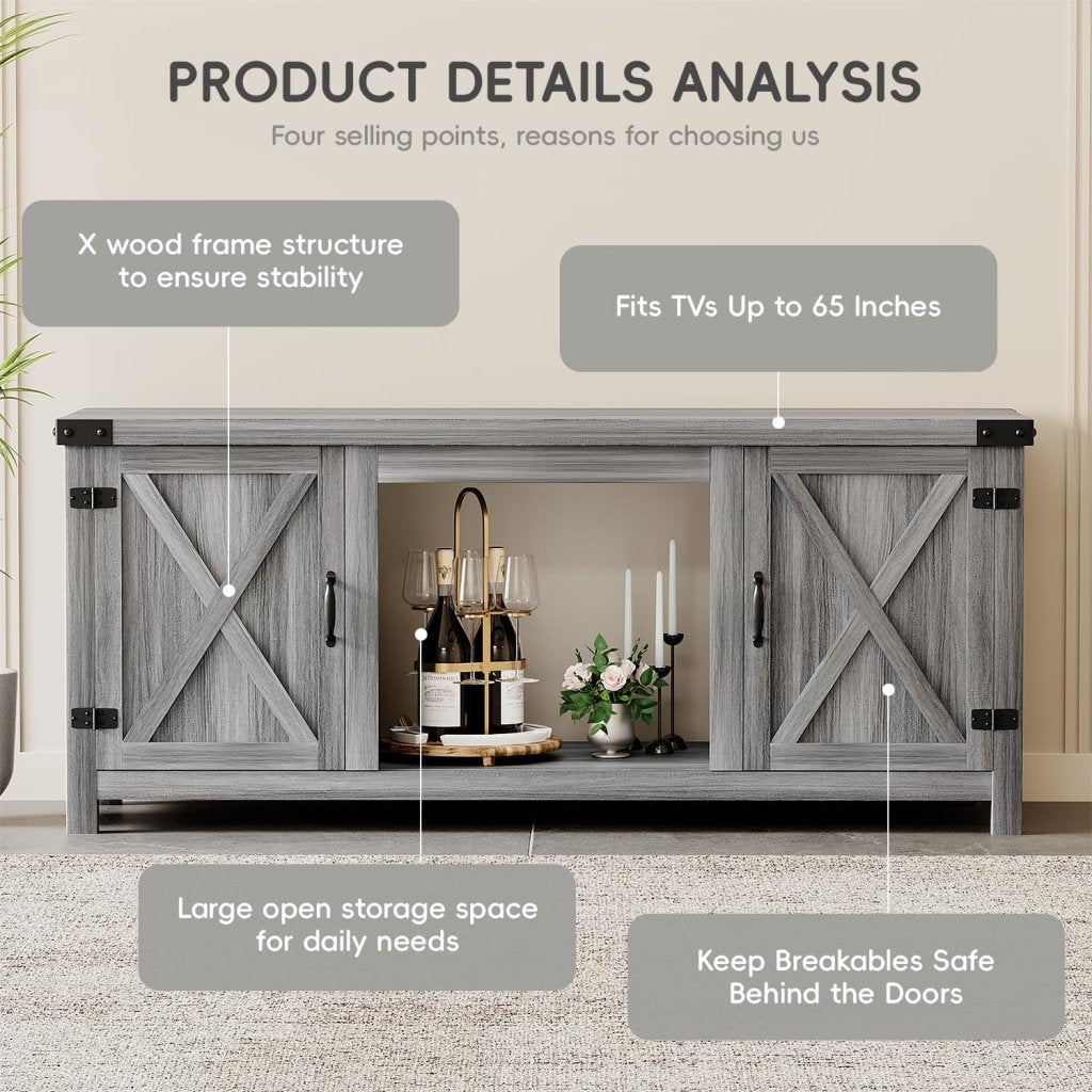 YESHOMY Fireplace TV Stand with Two Barn Doors and Storage Cabinets for Televisions up to 65+ Inch, Entertainment Center Console Table, Media Furniture for Living Room, 58 Inch - Wigtrends