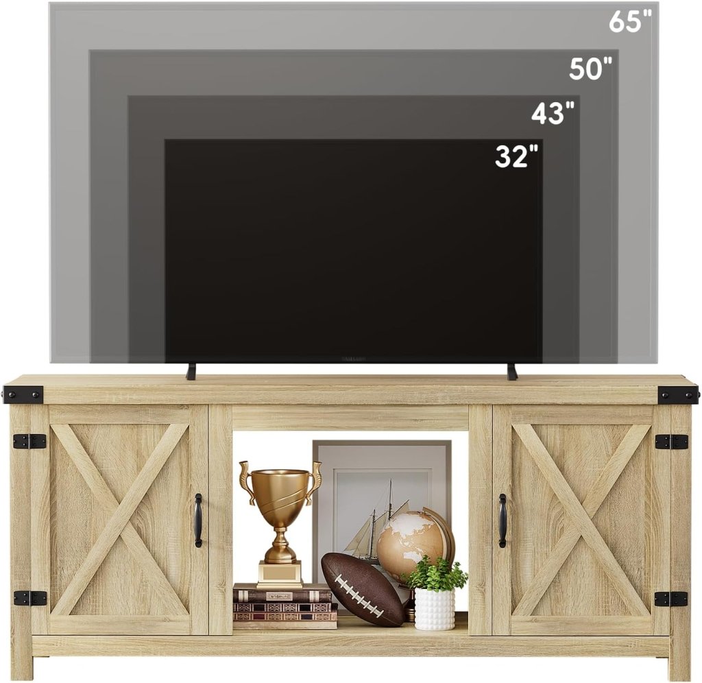 YESHOMY Fireplace TV Stand with Two Barn Doors and Storage Cabinets for Televisions up to 65+ Inch, Entertainment Center Console Table, Media Furniture for Living Room, 58 Inch - Wigtrends