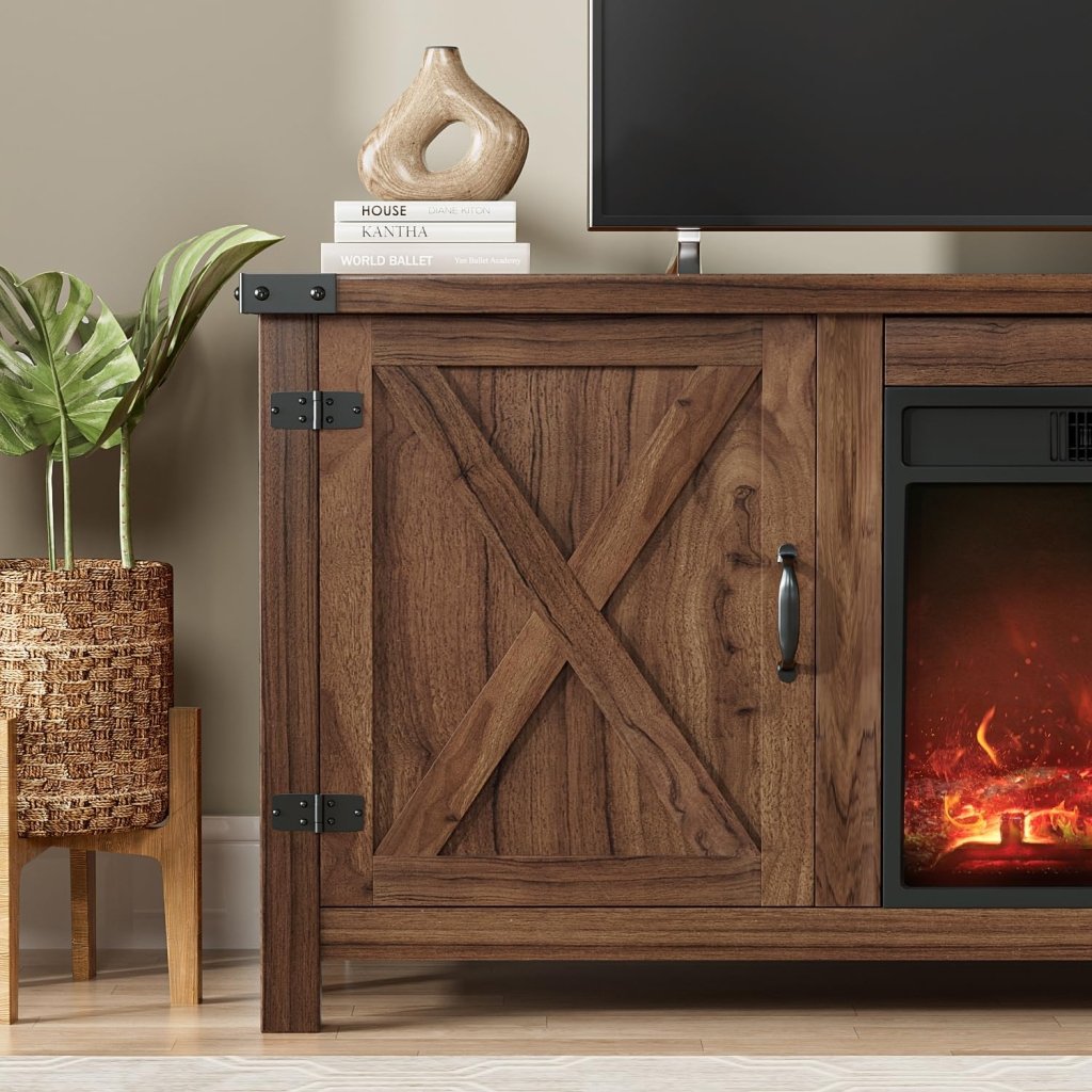 YESHOMY Fireplace TV Stand with Two Barn Doors and Storage Cabinets for Televisions up to 65+ Inch, Entertainment Center Console Table, Media Furniture for Living Room, 58 Inch - Wigtrends