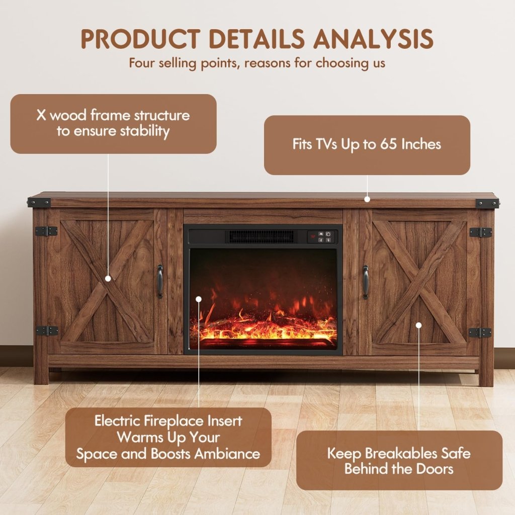 YESHOMY Fireplace TV Stand with Two Barn Doors and Storage Cabinets for Televisions up to 65+ Inch, Entertainment Center Console Table, Media Furniture for Living Room, 58 Inch - Wigtrends