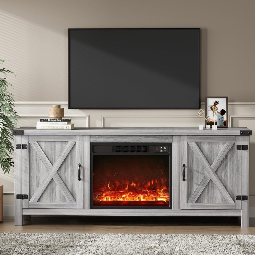 YESHOMY Fireplace TV Stand with Two Barn Doors and Storage Cabinets for Televisions up to 65+ Inch, Entertainment Center Console Table, Media Furniture for Living Room, 58 Inch - Wigtrends