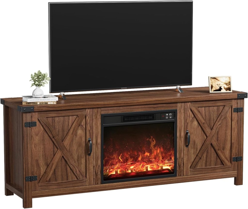 YESHOMY Fireplace TV Stand with Two Barn Doors and Storage Cabinets for Televisions up to 65+ Inch, Entertainment Center Console Table, Media Furniture for Living Room, 58 Inch - Wigtrends