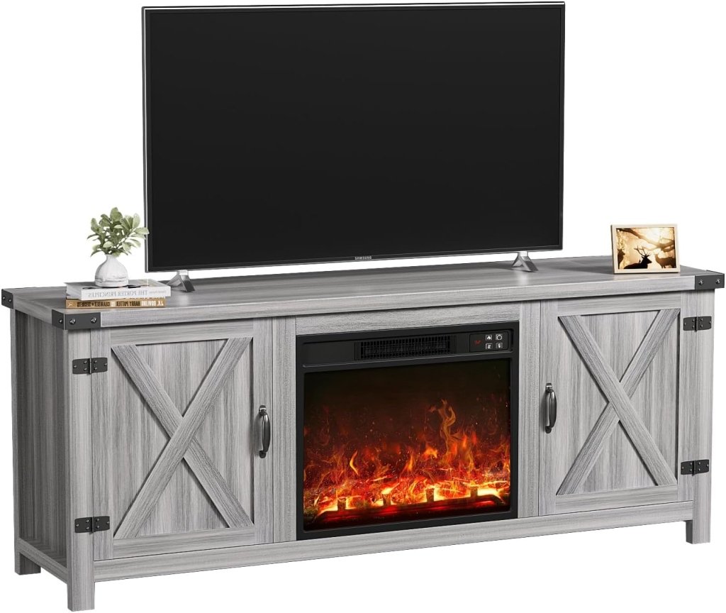 YESHOMY Fireplace TV Stand with Two Barn Doors and Storage Cabinets for Televisions up to 65+ Inch, Entertainment Center Console Table, Media Furniture for Living Room, 58 Inch - Wigtrends