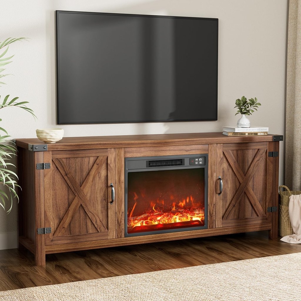 YESHOMY Fireplace TV Stand with Two Barn Doors and Storage Cabinets for Televisions up to 65+ Inch, Entertainment Center Console Table, Media Furniture for Living Room, 58 Inch - Wigtrends