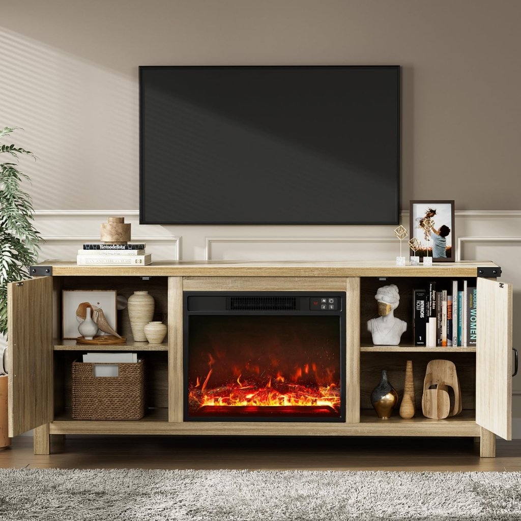 YESHOMY Fireplace TV Stand with Two Barn Doors and Storage Cabinets for Televisions up to 65+ Inch, Entertainment Center Console Table, Media Furniture for Living Room, 58 Inch - Wigtrends