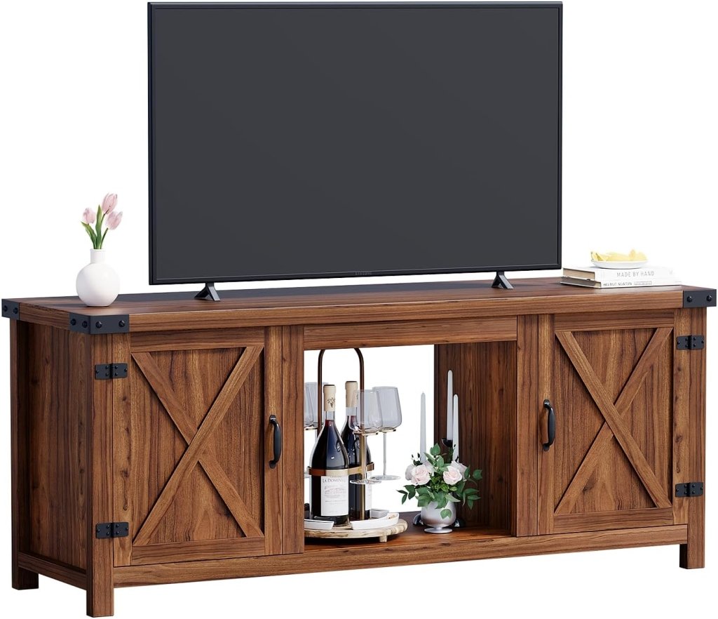 YESHOMY Fireplace TV Stand with Two Barn Doors and Storage Cabinets for Televisions up to 65+ Inch, Entertainment Center Console Table, Media Furniture for Living Room, 58 Inch - Wigtrends