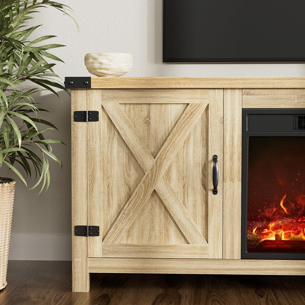 YESHOMY Fireplace TV Stand with Two Barn Doors and Storage Cabinets for Televisions up to 65+ Inch, Entertainment Center Console Table, Media Furniture for Living Room, 58 Inch - Wigtrends