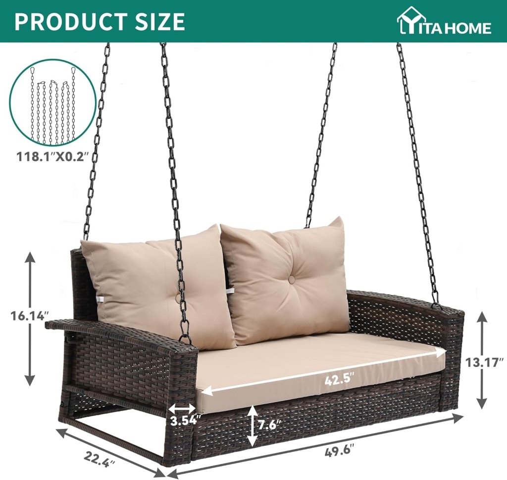 YITAHOME Hanging Porch Swing Chair Sits 3 People, Wicker Outdoor Swing Bench, Patio Lounge Chair, 1 Seating Cushion and 3 Back Cushions, w/Removable Covers, for Garden, Balcony, Backyard, Brown - Wigtrends