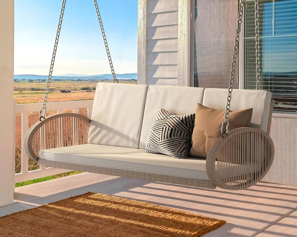 YITAHOME Hanging Porch Swing Chair Sits 3 People, Wicker Outdoor Swing Bench, Patio Lounge Chair, 1 Seating Cushion and 3 Back Cushions, w/Removable Covers, for Garden, Balcony, Backyard, Brown - Wigtrends