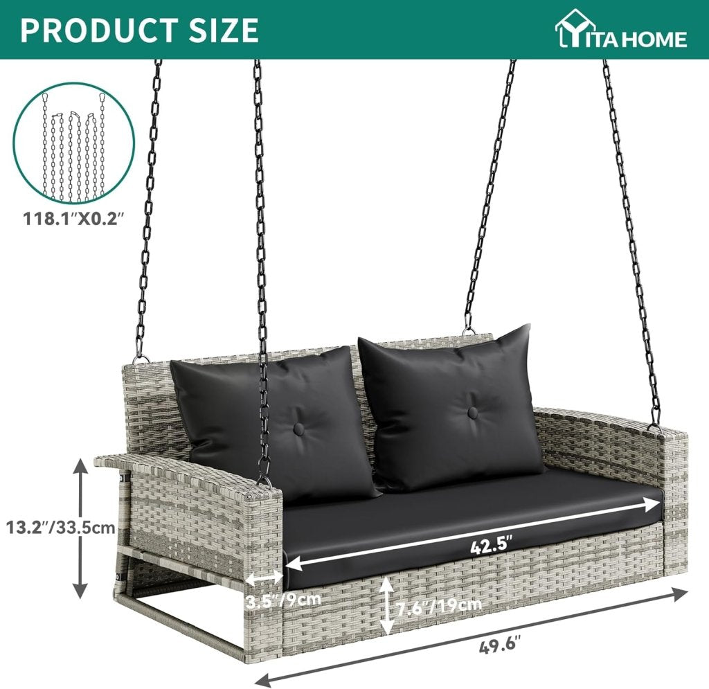 YITAHOME Hanging Porch Swing Chair Sits 3 People, Wicker Outdoor Swing Bench, Patio Lounge Chair, 1 Seating Cushion and 3 Back Cushions, w/Removable Covers, for Garden, Balcony, Backyard, Brown - Wigtrends