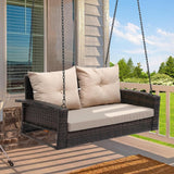 YITAHOME Hanging Porch Swing Chair Sits 3 People, Wicker Outdoor Swing Bench, Patio Lounge Chair, 1 Seating Cushion and 3 Back Cushions, w/Removable Covers, for Garden, Balcony, Backyard, Brown - Wigtrends