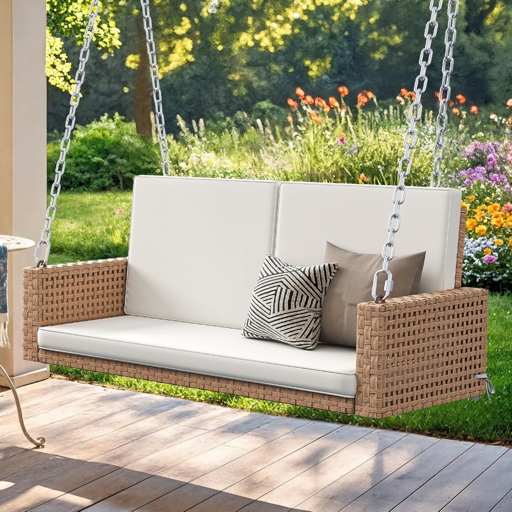 YITAHOME Hanging Porch Swing Chair Sits 3 People, Wicker Outdoor Swing Bench, Patio Lounge Chair, 1 Seating Cushion and 3 Back Cushions, w/Removable Covers, for Garden, Balcony, Backyard, Brown - Wigtrends
