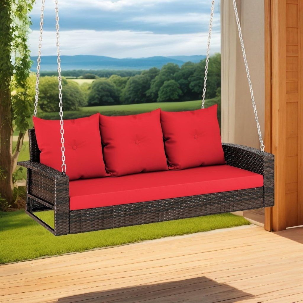 YITAHOME Hanging Porch Swing Chair Sits 3 People, Wicker Outdoor Swing Bench, Patio Lounge Chair, 1 Seating Cushion and 3 Back Cushions, w/Removable Covers, for Garden, Balcony, Backyard, Brown - Wigtrends