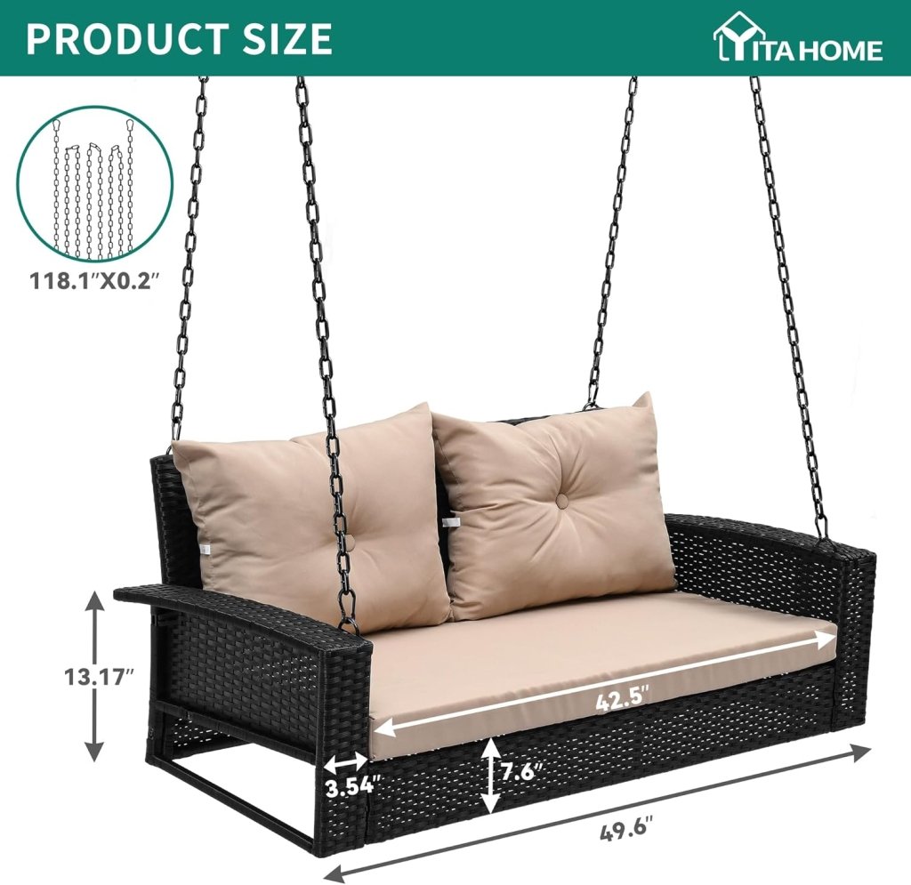 YITAHOME Hanging Porch Swing Chair Sits 3 People, Wicker Outdoor Swing Bench, Patio Lounge Chair, 1 Seating Cushion and 3 Back Cushions, w/Removable Covers, for Garden, Balcony, Backyard, Brown - Wigtrends