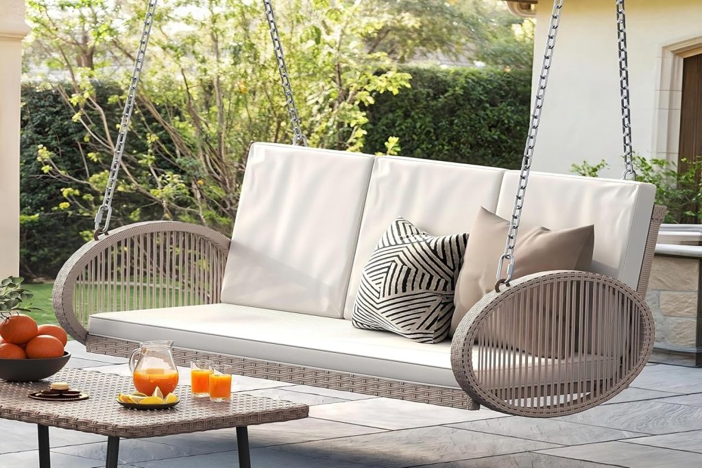 YITAHOME Hanging Porch Swing Chair Sits 3 People, Wicker Outdoor Swing Bench, Patio Lounge Chair, 1 Seating Cushion and 3 Back Cushions, w/Removable Covers, for Garden, Balcony, Backyard, Brown - Wigtrends
