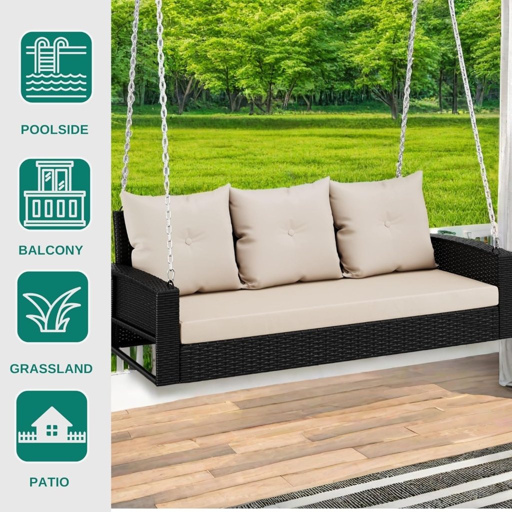 YITAHOME Hanging Porch Swing Chair Sits 3 People, Wicker Outdoor Swing Bench, Patio Lounge Chair, 1 Seating Cushion and 3 Back Cushions, w/Removable Covers, for Garden, Balcony, Backyard, Brown - Wigtrends