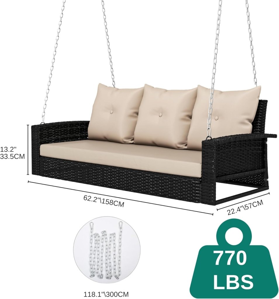 YITAHOME Hanging Porch Swing Chair Sits 3 People, Wicker Outdoor Swing Bench, Patio Lounge Chair, 1 Seating Cushion and 3 Back Cushions, w/Removable Covers, for Garden, Balcony, Backyard, Brown - Wigtrends