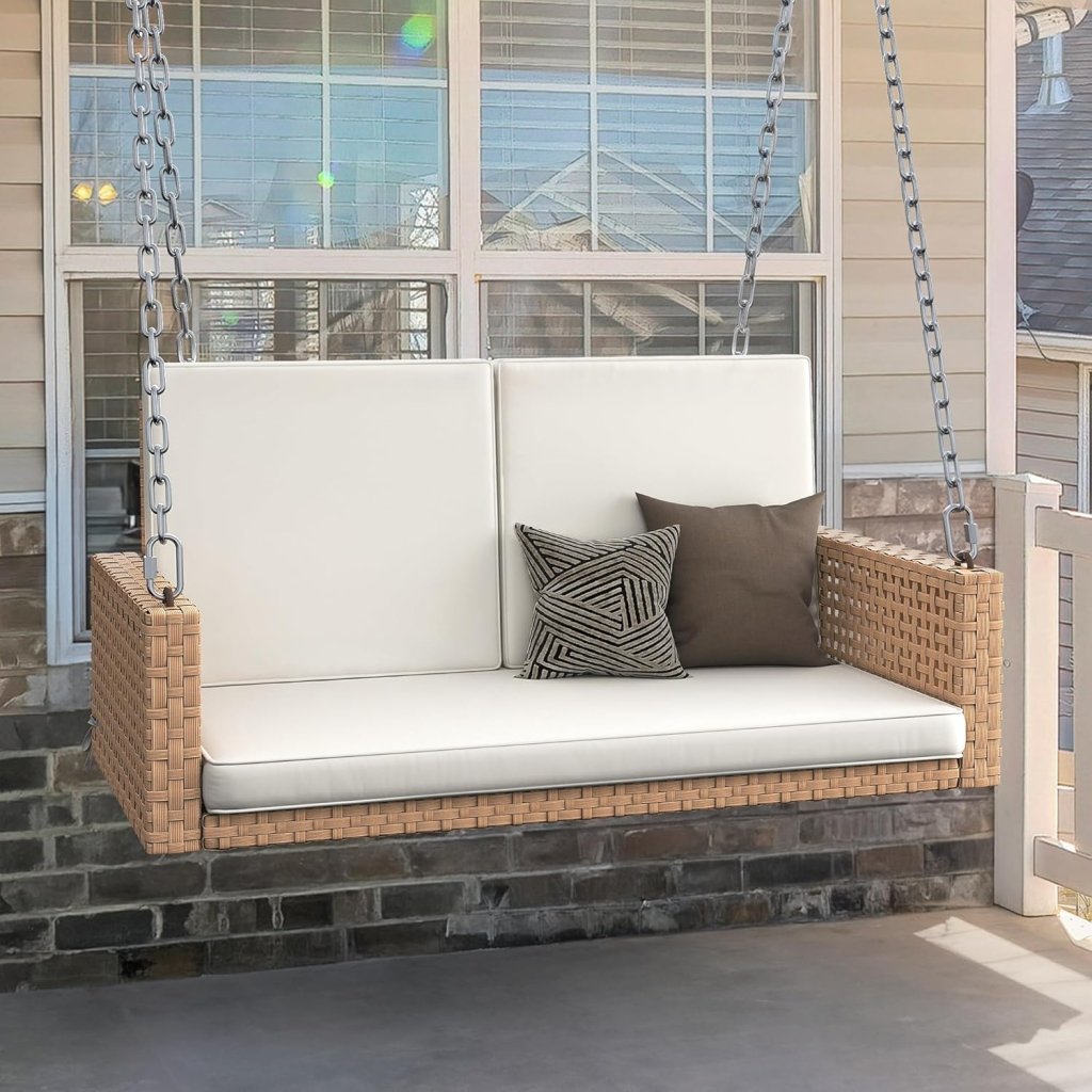 YITAHOME Hanging Porch Swing Chair Sits 3 People, Wicker Outdoor Swing Bench, Patio Lounge Chair, 1 Seating Cushion and 3 Back Cushions, w/Removable Covers, for Garden, Balcony, Backyard, Brown - Wigtrends
