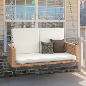 YITAHOME Hanging Porch Swing Chair Sits 3 People, Wicker Outdoor Swing Bench, Patio Lounge Chair, 1 Seating Cushion and 3 Back Cushions, w/Removable Covers, for Garden, Balcony, Backyard, Brown - Wigtrends