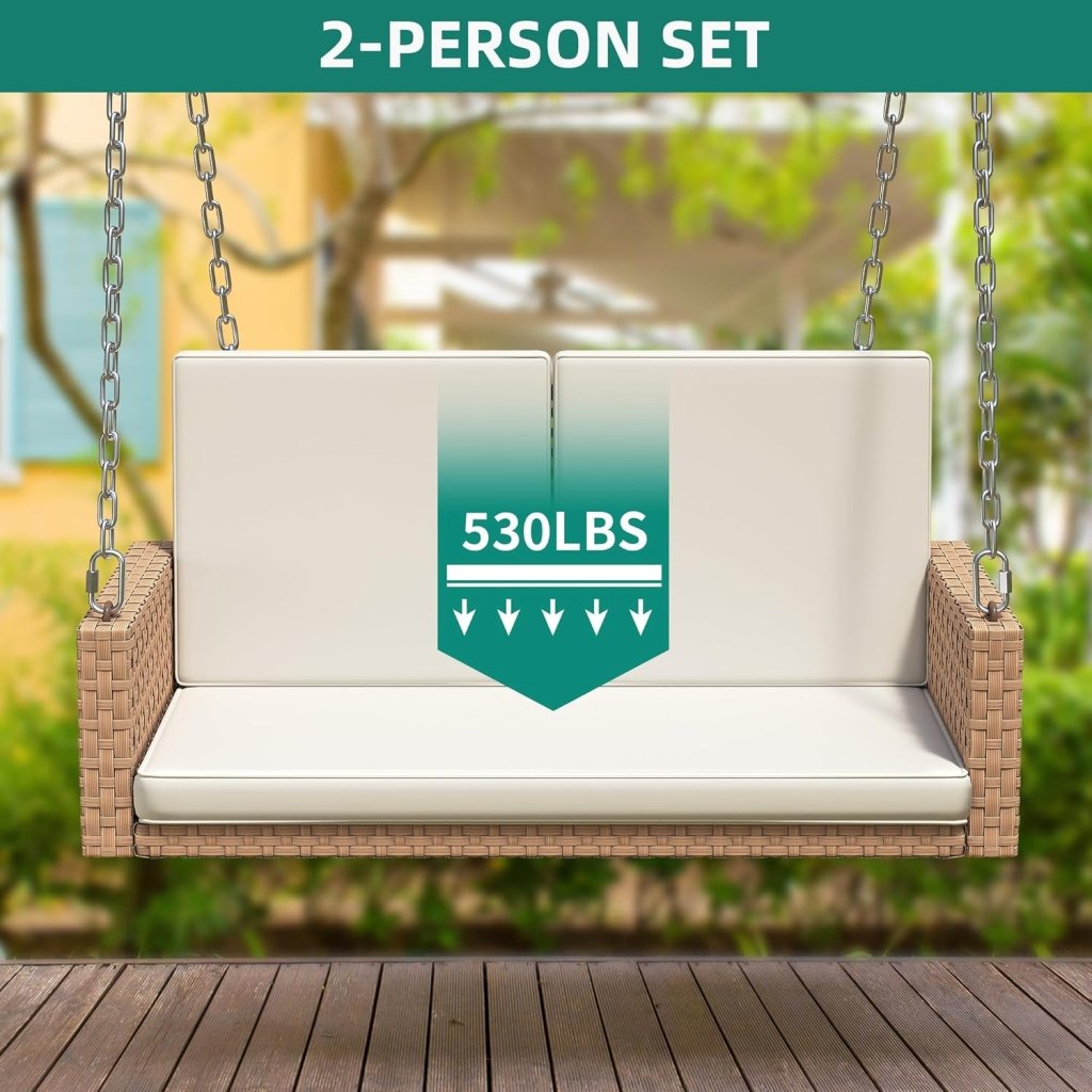 YITAHOME Hanging Porch Swing Chair Sits 3 People, Wicker Outdoor Swing Bench, Patio Lounge Chair, 1 Seating Cushion and 3 Back Cushions, w/Removable Covers, for Garden, Balcony, Backyard, Brown - Wigtrends