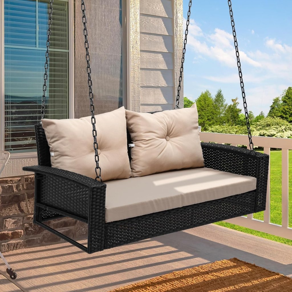 YITAHOME Hanging Porch Swing Chair Sits 3 People, Wicker Outdoor Swing Bench, Patio Lounge Chair, 1 Seating Cushion and 3 Back Cushions, w/Removable Covers, for Garden, Balcony, Backyard, Brown - Wigtrends