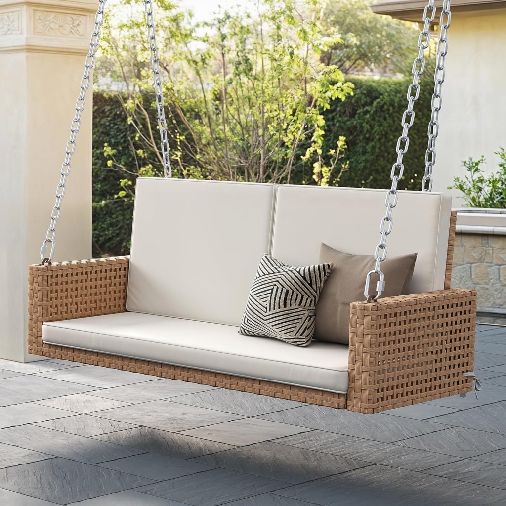 YITAHOME Hanging Porch Swing Chair Sits 3 People, Wicker Outdoor Swing Bench, Patio Lounge Chair, 1 Seating Cushion and 3 Back Cushions, w/Removable Covers, for Garden, Balcony, Backyard, Brown - Wigtrends