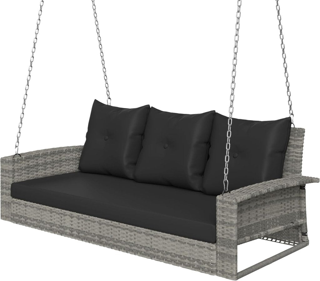 YITAHOME Hanging Porch Swing Chair Sits 3 People, Wicker Outdoor Swing Bench, Patio Lounge Chair, 1 Seating Cushion and 3 Back Cushions, w/Removable Covers, for Garden, Balcony, Backyard, Brown - Wigtrends