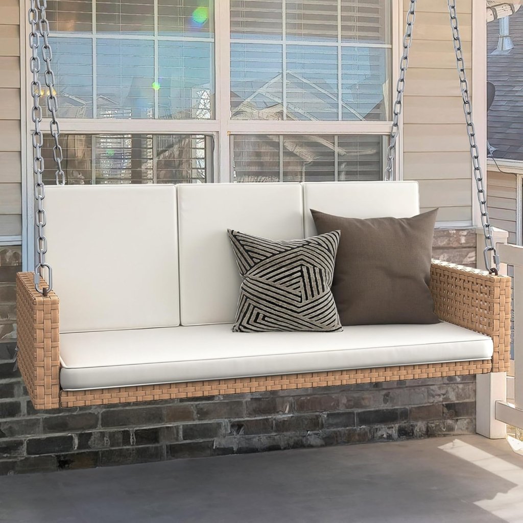YITAHOME Hanging Porch Swing Chair Sits 3 People, Wicker Outdoor Swing Bench, Patio Lounge Chair, 1 Seating Cushion and 3 Back Cushions, w/Removable Covers, for Garden, Balcony, Backyard, Brown - Wigtrends