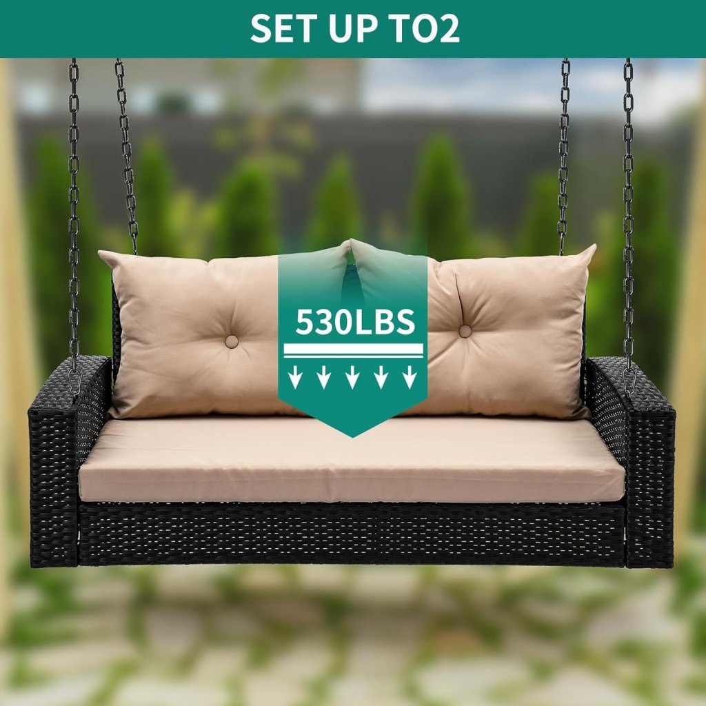 YITAHOME Hanging Porch Swing Chair Sits 3 People, Wicker Outdoor Swing Bench, Patio Lounge Chair, 1 Seating Cushion and 3 Back Cushions, w/Removable Covers, for Garden, Balcony, Backyard, Brown - Wigtrends