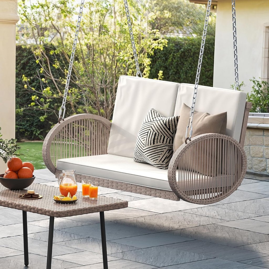 YITAHOME Hanging Porch Swing Chair Sits 3 People, Wicker Outdoor Swing Bench, Patio Lounge Chair, 1 Seating Cushion and 3 Back Cushions, w/Removable Covers, for Garden, Balcony, Backyard, Brown - Wigtrends