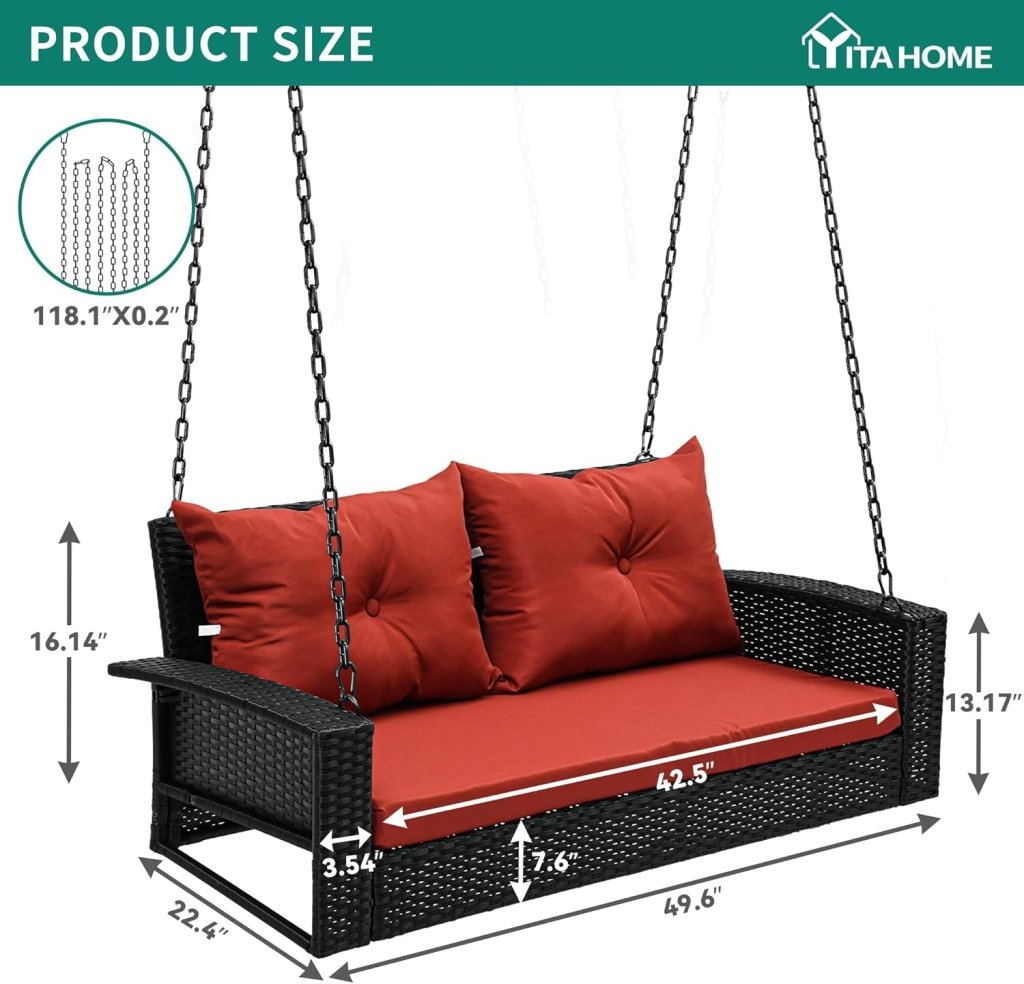 YITAHOME Hanging Porch Swing Chair Sits 3 People, Wicker Outdoor Swing Bench, Patio Lounge Chair, 1 Seating Cushion and 3 Back Cushions, w/Removable Covers, for Garden, Balcony, Backyard, Brown - Wigtrends
