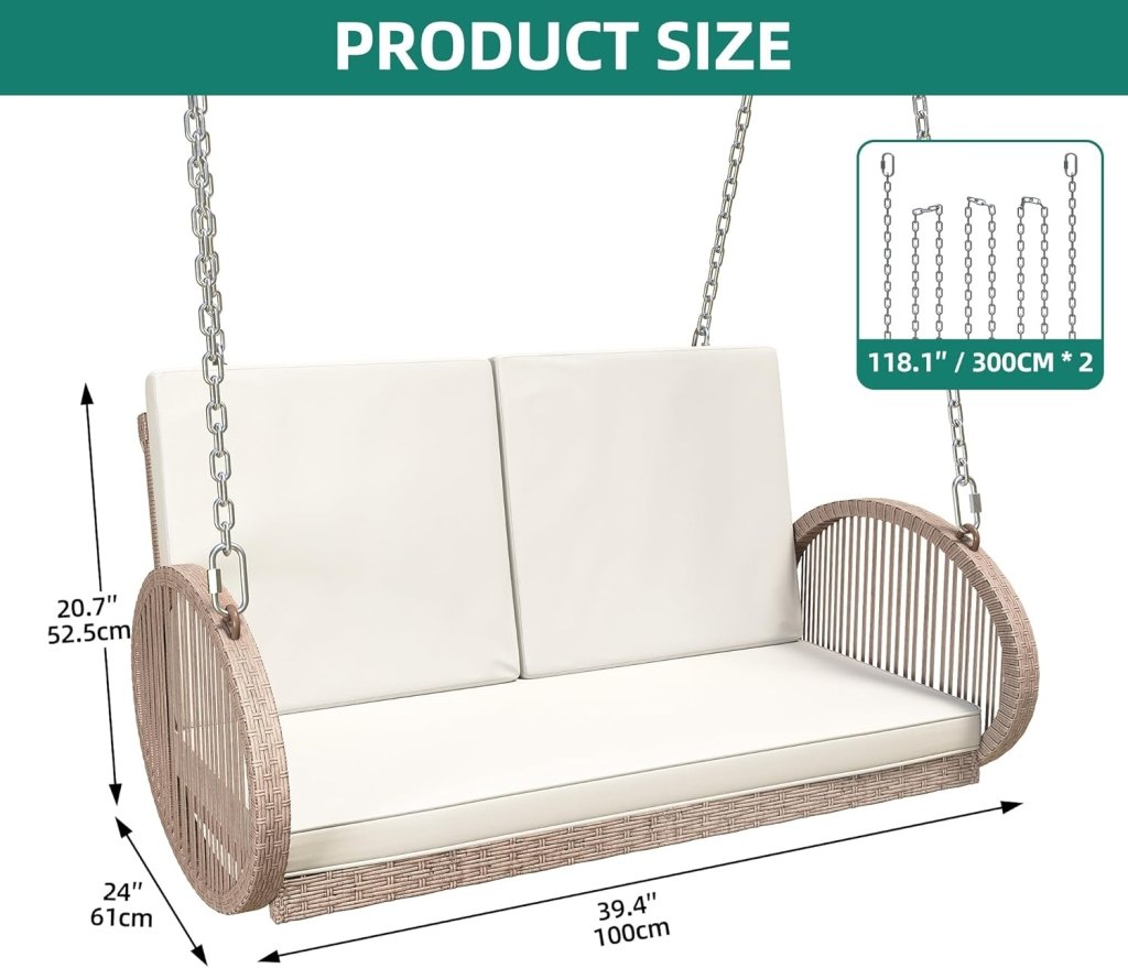 YITAHOME Hanging Porch Swing Chair Sits 3 People, Wicker Outdoor Swing Bench, Patio Lounge Chair, 1 Seating Cushion and 3 Back Cushions, w/Removable Covers, for Garden, Balcony, Backyard, Brown - Wigtrends